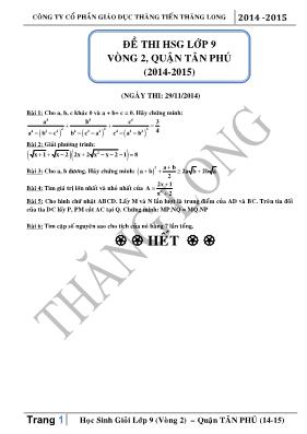 Đề thi HSG lớp 9 vòng 2, quận Tân Phú (2014-2015) môn Toán